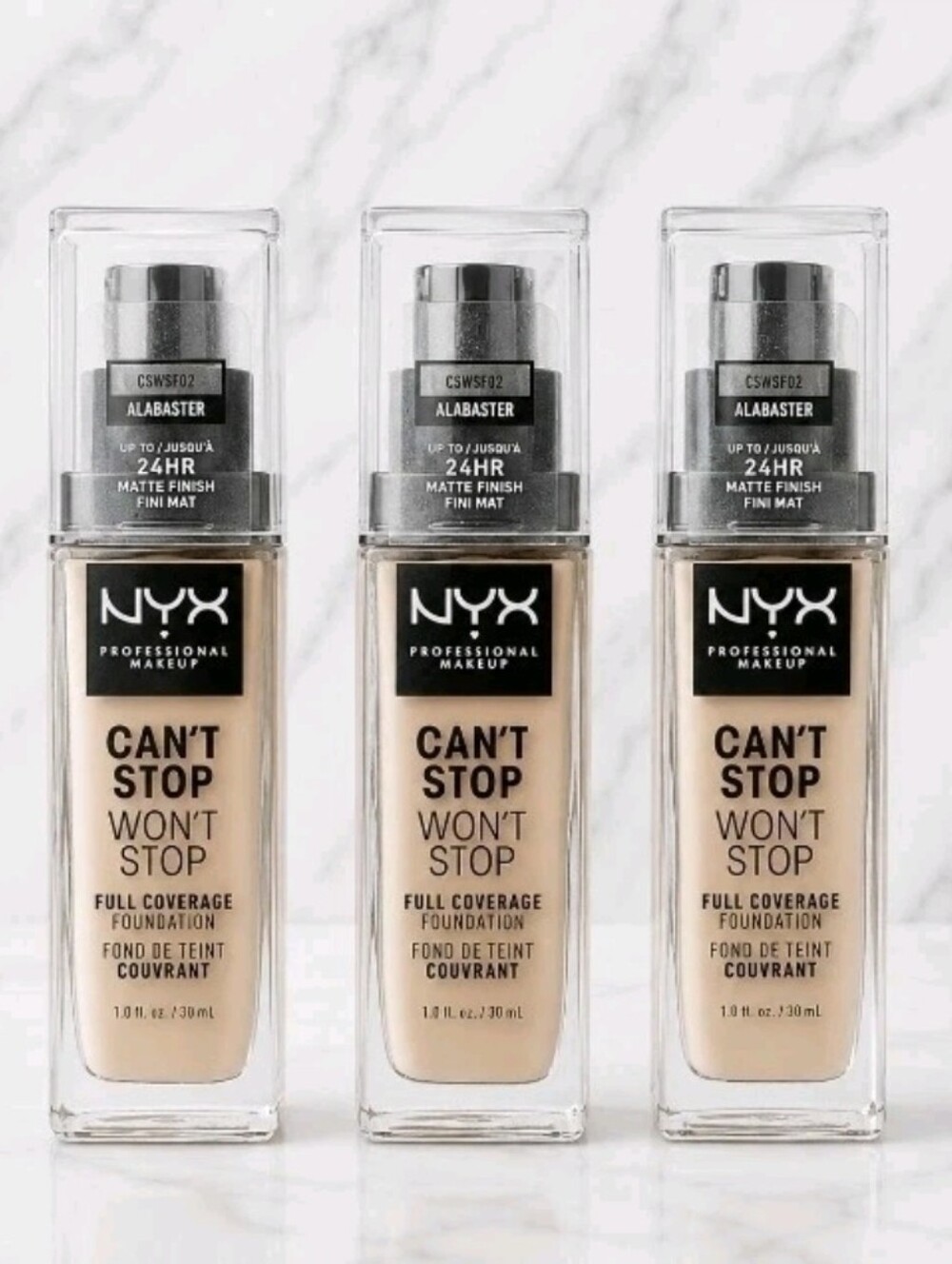 3 x NYX ALABASTER Can't Stop Won’t Stop Foundation 24 Hour Matte Finish 1oz each